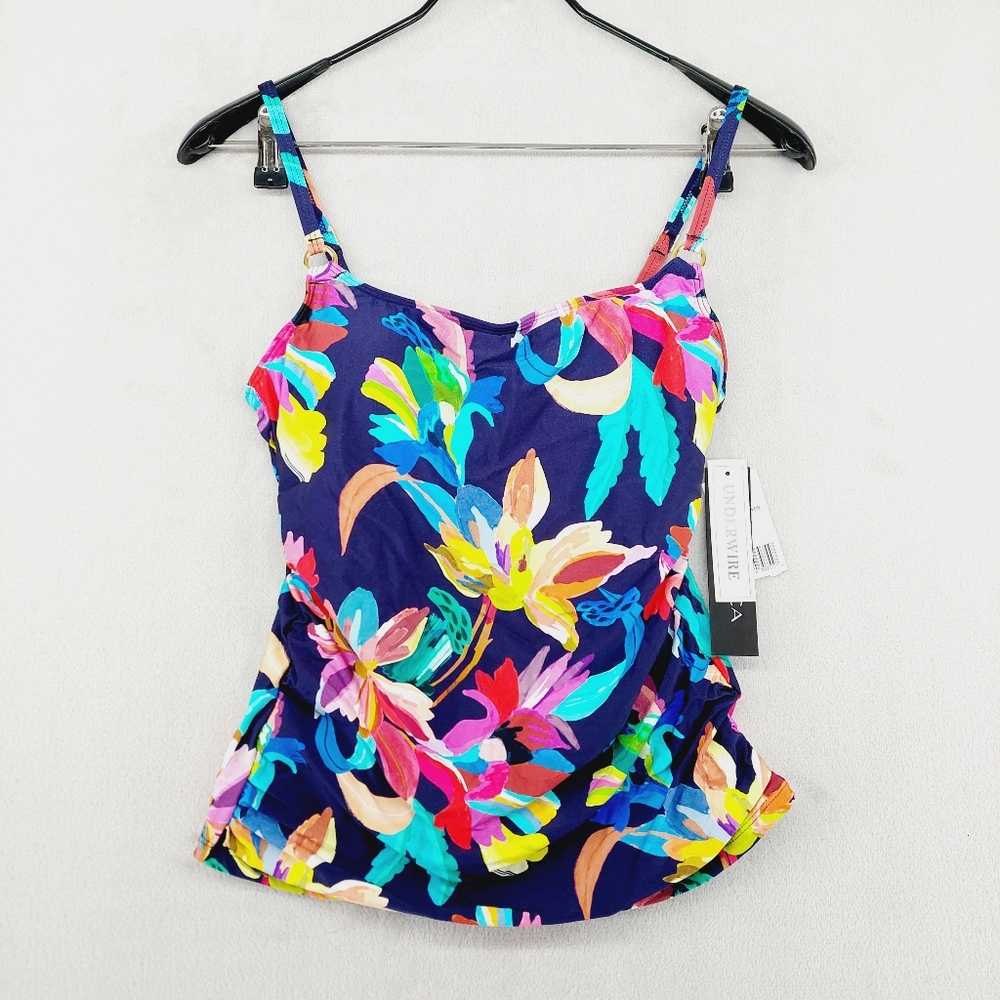 New La Blanca INDIGO Square Neck Ruched Underwire Tankini Swim Top P2904 - Picture 2 of 8